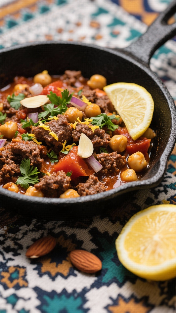 Overhead Moroccan beef and chickpea skillet: warmly spiced lean ground beef simmered with tomato paste, diced onion, garlic, cumin, coriander, cinnamon, and paprika, folded with tender chickpeas. Garnished with a lemon-herb drizzle (parsley, cilantro, lemon zest) and toasted almonds. Presented in a black enamel skillet on a patterned textile with a cut lemon nearby.