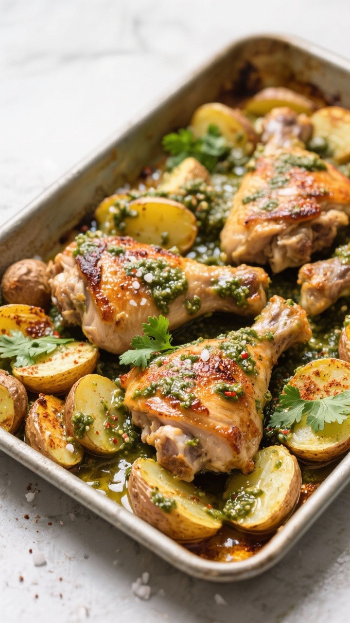 Overhead one-pan bake: bone-in, skin-on chicken thighs with crisped skin nestled among halved baby gold potatoes on a rimmed sheet pan, everything coated in salsa verde with cumin and chili powder; potatoes caramelized edges, a drizzle of olive oil, kosher salt crystals visible; finished with a few fresh cilantro leaves, rustic weeknight comfort vibe.