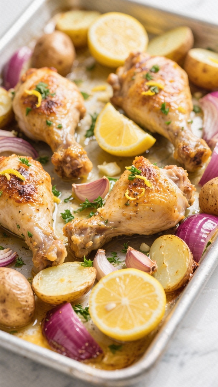 Overhead one-pan bake: lemon herb chicken with bone-in, skin-on thighs nestled among halved baby potatoes and red onion wedges on a sheet pan, lemon zest visibly sprinkled, lemon halves squeezed and tucked in, minced garlic and chopped herbs scattered; golden roasted edges, light drizzle of pan juices, bright airy daylight to convey freshness.