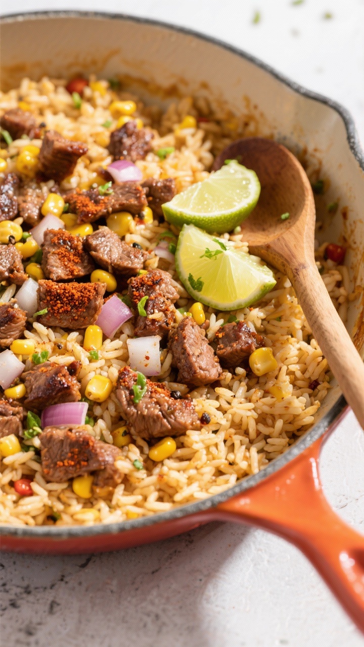 Overhead one-pan carne picada rice skillet: a colorful family-style pan with seasoned beef carne picada (chili powder, cumin, smoked paprika, kosher salt, black pepper), long-grain rice, sweet corn kernels, and diced onion; lime wedges tucked in the pan, zest flecks visible; a wooden spoon resting on the side; bright, homey lighting highlighting the golden rice and charred beef bits.
