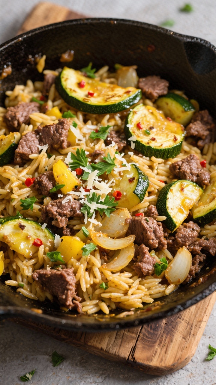 Overhead one-pan Italian beef, zucchini, and orzo skillet: golden orzo nestled with browned lean ground beef, diced yellow onion, minced garlic, Italian seasoning, and a hint of crushed red pepper flakes. Thin half-moons of sautéed zucchini folded through, glistening with olive oil. Served in a cast-iron skillet on a rustic wooden board, sprinkled with chopped parsley and micro-grated Parmesan.