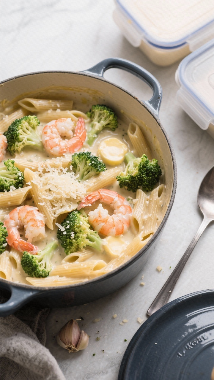 Overhead one-pot comfort: Short pasta (penne) simmered in broth until creamy, tossed with Alfredo sauce, tender broccoli florets, and pink shrimp; everything in a single Dutch oven; visible minced garlic and a glossy butter finish; garnished with a sprinkle of Parmesan; meal-prep vibe with lidded containers and a ladle off to the side.