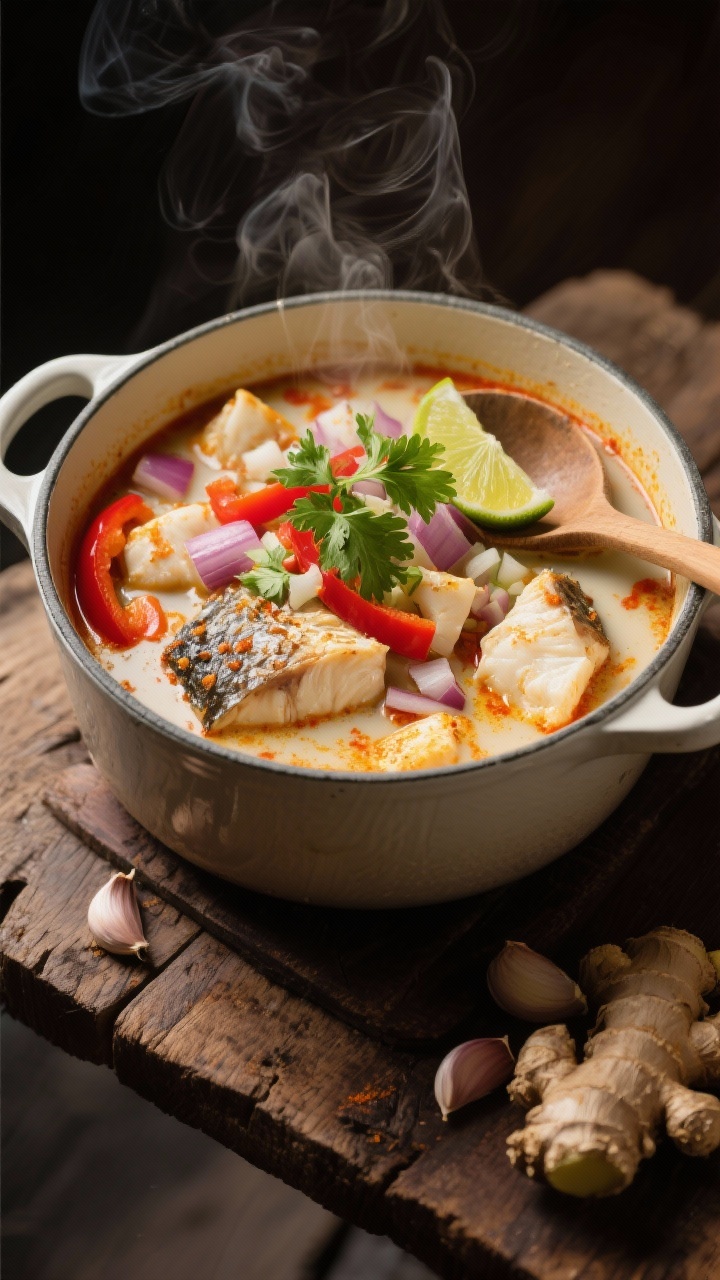 Overhead one-pot stew in enamel Dutch oven: coconut curry fish stew with chunks of white fish gently poaching in a creamy coconut milk broth tinted red/yellow from curry paste; diced onion, sliced red bell pepper, minced garlic, fresh ginger ribbons, and cilantro sprigs on top; lime wedges on the side, steam curling up; warm, moody light, ladle resting in the pot, rustic wooden table.