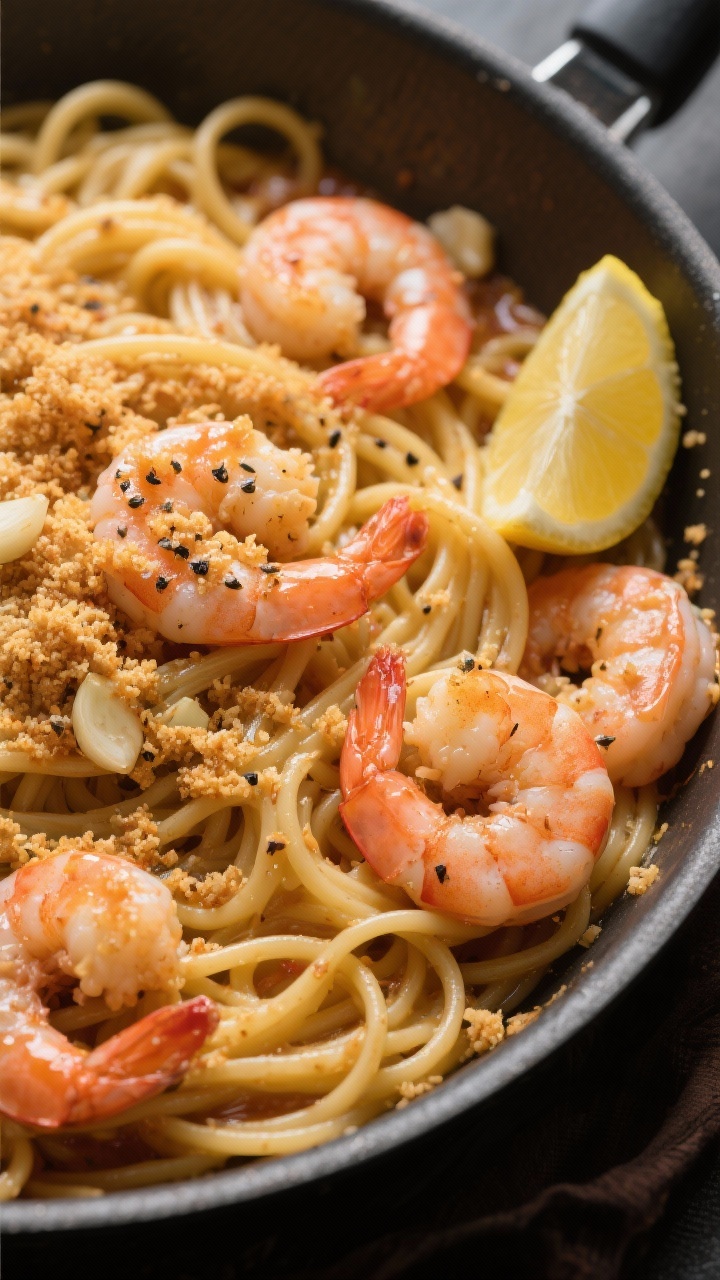 Overhead pasta-night scene: Garlicky shrimp scampi tossed with linguine in a wide shallow pan. Plump pink shrimp, glossy butter-and-olive-oil sauce with visible minced garlic, toasted golden breadcrumbs scattered on top, flecks of black pepper and kosher salt. Lemon wedge off to the side, twirl of pasta centered, warm, inviting lighting, high-contrast crumbs for texture.