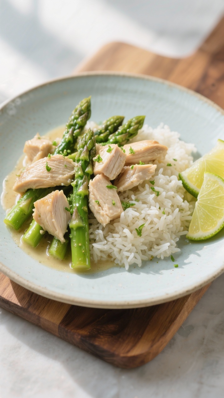 Overhead plated Coconut-Lime chicken, asparagus, and rice: basmati rice simmered in light coconut milk and chicken broth, dotted with juicy cubed chicken and crisp-tender asparagus; glossy coconut-lime sauce, lime zest sprinkled on top, lime wedges on the side; fresh, tropical vibe with soft window light, pale ceramic plate on a teak board.