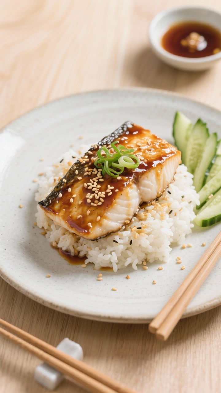Overhead plated presentation: miso-ginger glazed cod fillets lacquered with a glossy mix of white miso, honey, soy sauce, rice vinegar, fresh ginger, and toasted sesame oil. Served atop sesame-studded rice, with quick cucumber pickles fanned to the side. Sprinkled with toasted sesame seeds and scallions. Minimalist ceramic plate on a light wood surface, a small dish of extra glaze and chopsticks nearby for modern Japanese-inspired styling.