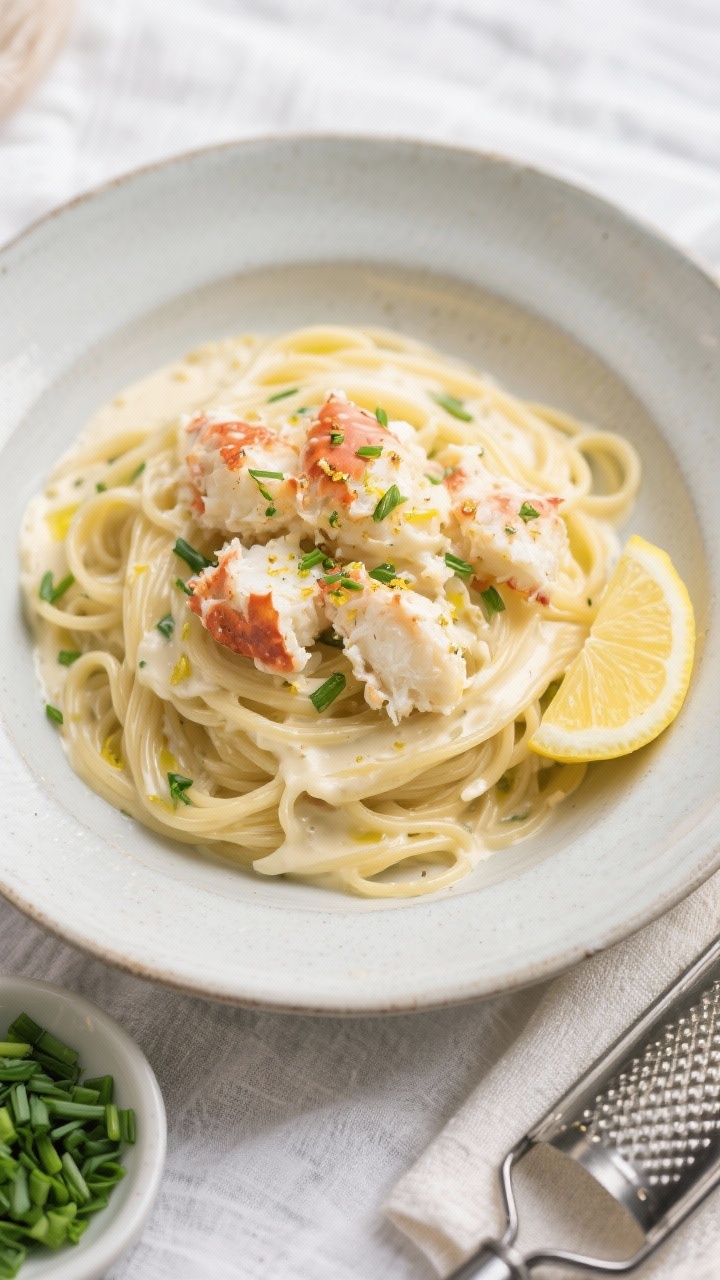 Overhead plated shot: Linguine in creamy Alfredo sauce crowned with generous lumps of crab, finished with melted lemon-chive butter; visible lemon zest sparkle, tender chive bits, and a lemon wedge on the side; sauce clings smoothly to noodles, no pooling; served in a shallow wide bowl on a light linen with a small dish of extra chives and a zester nearby.