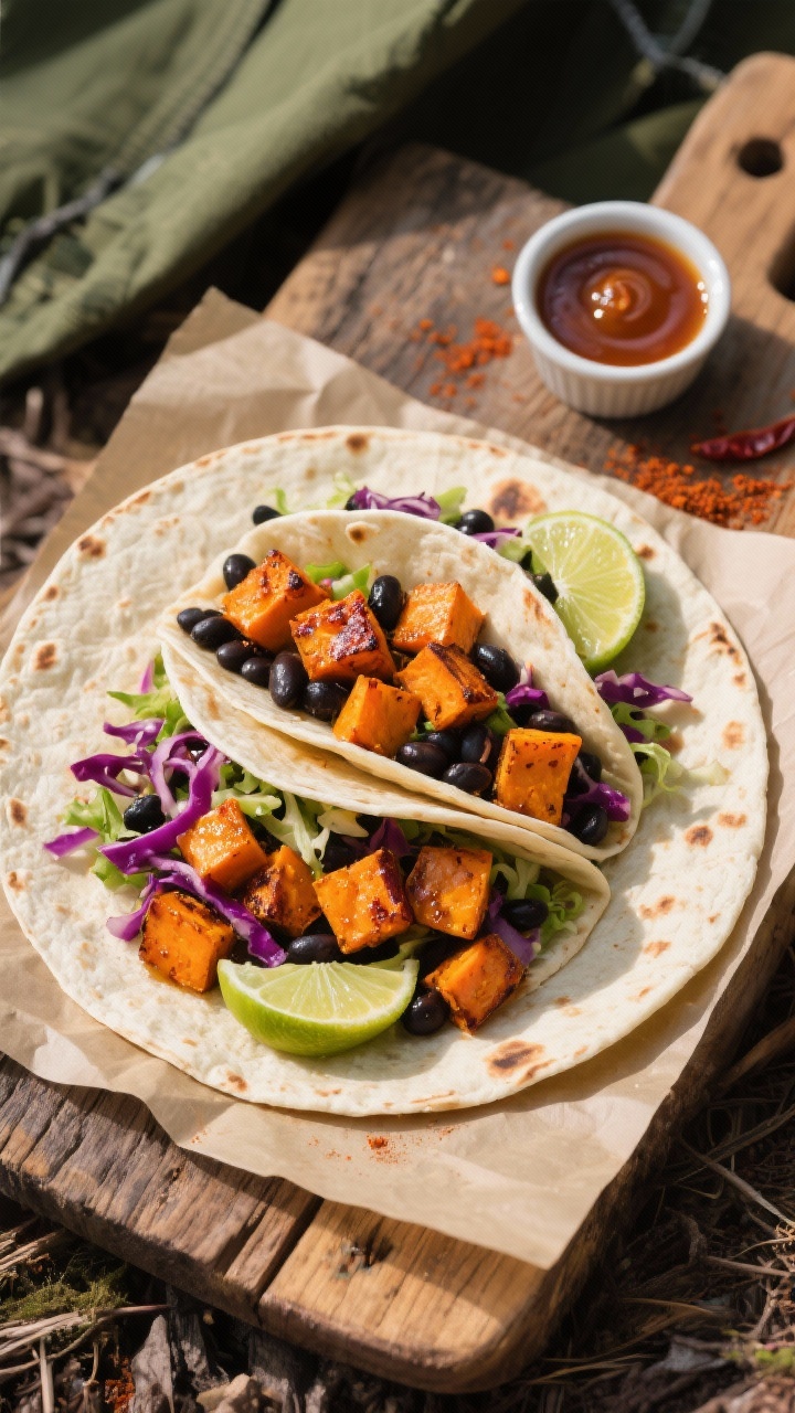 Overhead plated wrap assembly: roasted sweet potato cubes lacquered with olive oil, maple syrup, chili powder, smoked paprika, and salt—caramelized edges—layered on warm tortillas with black beans, crunchy slaw, and a squeeze of lime; vibrant orange, deep black, and purple-green slaw contrast; rustic camping board background, parchment squares, and a small ramekin of extra maple-chili sauce, bright natural light.