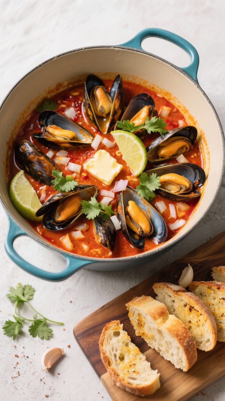 Overhead pot action shot: spicy coconut curry mussels in a wide Dutch oven, shells flung open in a fragrant red curry coconut broth. Aromatics visible: finely chopped onion, minced garlic, grated ginger, red curry paste swirling into creamy coconut milk, butter sheen on top. Garnished with cilantro and lime wedges. On the side: slices of golden garlicky bread on a wooden board, ready for dunking.