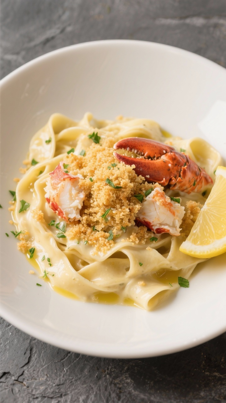 Overhead presentation: Pappardelle ribbons in rich Alfredo topped with buttery garlic-herb panko breadcrumbs and generous chunks of lobster meat (tail and claw); crumbs are golden and crisp with visible green herb flecks; a drizzle of melted butter and a lemon wedge off to the side; plated in a wide ivory bowl on a slate surface for contrast.