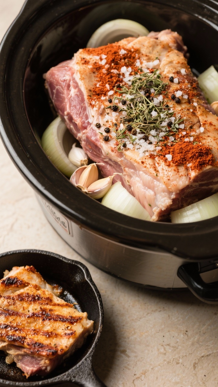 Overhead process shot of slow-cooker pork carnitas: large chunks of pork shoulder nestled with quartered onion and whole garlic cloves, dusted generously with kosher salt, black pepper, ground cumin, dried oregano, and smoked paprika; pre-cook scene inside a slow cooker insert, spices visibly coating the meat; a second small pan with post-sear crispy edges staged nearby to hint at the final crisping step; warm, rustic styling.