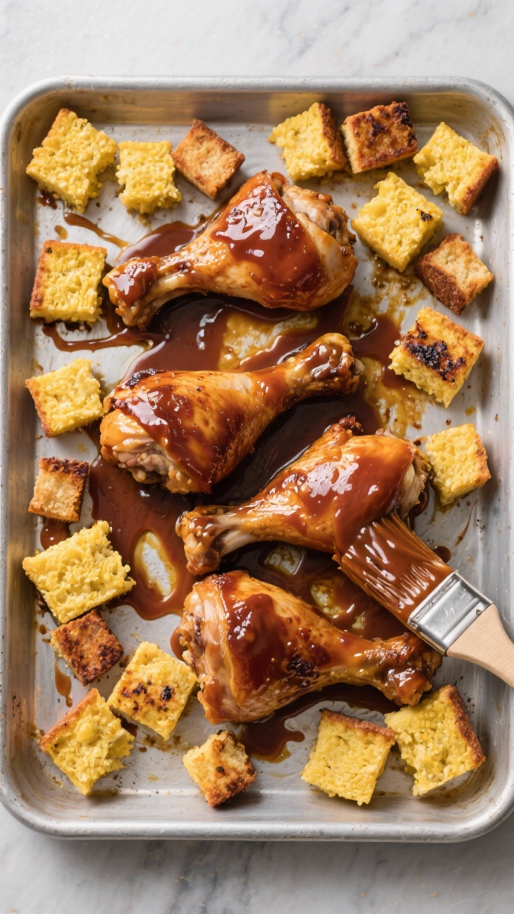 Overhead sheet-pan BBQ chicken and cornbread croutons: bone-in thighs/drumsticks glazed with glossy BBQ sauce mixed with a hint of apple cider vinegar and brown sugar, surrounded by golden, toasted cornbread cubes; sticky sauce trails on the pan, charred edges on chicken and croutons, a brush dipped in BBQ sauce included for context.