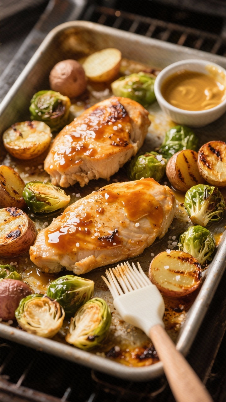 Overhead sheet-pan dinner scene: honey-mustard glazed chicken cutlets nestled among halved baby potatoes and halved Brussels sprouts (some crispy edges), all lightly charred and roasty; olive oil gloss and coarse kosher salt crystals visible; warm, amber oven-light mood with a silicone brush and a small bowl of honey-mustard glaze on the side.