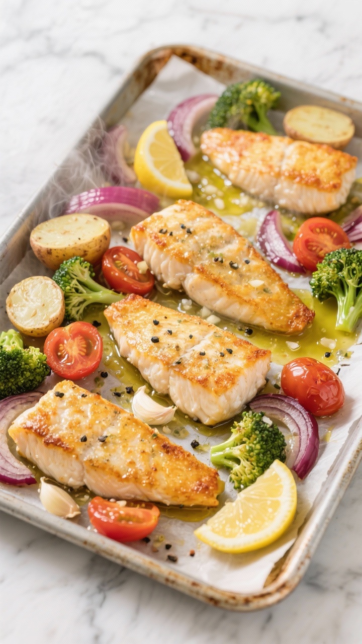 Overhead sheet-pan dinner shot: four portions of crispy baked cod fillets nestled among halved baby potatoes, cherry tomatoes, sliced red onion, and broccoli florets on a parchment-lined pan, glistening with olive oil, lemon slices tucked around, minced garlic visible, sprinkled with black pepper and sea salt; bright, clean light, rustic metal pan on a marble surface, steam rising for warmth, focus on golden edges and vibrant veggie colors.