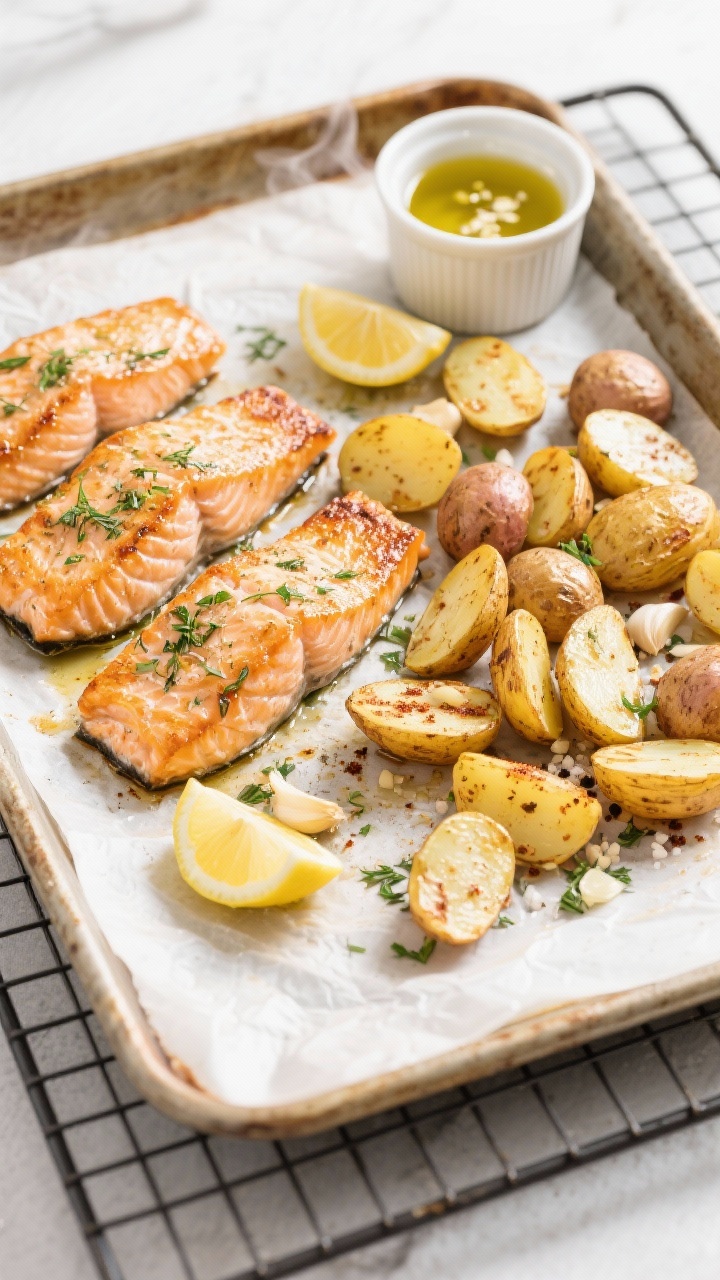 Overhead sheet-pan scene: crispy lemon-herb salmon fillets with caramelized edges nestled beside halved baby potatoes tossed in olive oil, minced garlic, smoked paprika, kosher salt, and black pepper. Golden, blistered potatoes with flecks of herbs, lemon wedges scattered, a small ramekin of olive oil and crushed garlic nearby. Bright, clean light, parchment-lined sheet pan on a wire rack over a rustic baking tray, steam just visible for warmth.