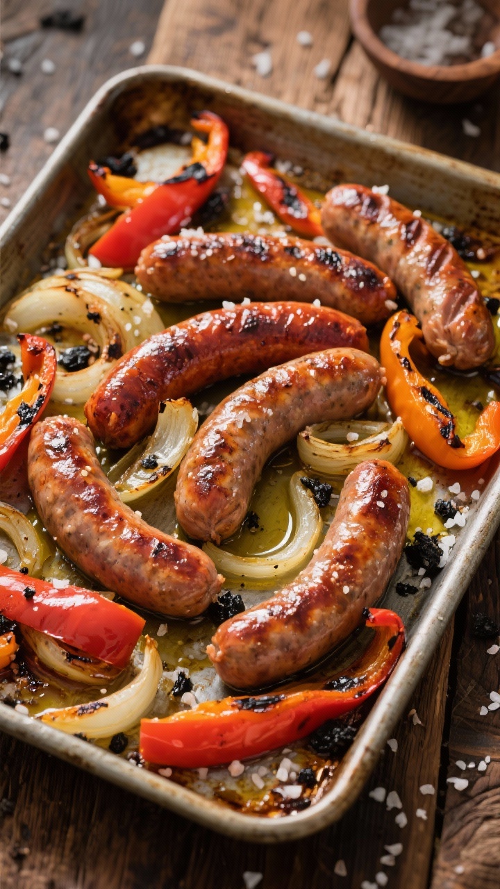 Overhead sheet-pan scene of one-pan sausage and peppers (carnivore-style): plump sausage links (Italian and bratwurst mix) glistening with olive oil/ghee, seared and blistered; optional sliced onion and bell pepper ribbons lightly charred and caramelized around them; coarse salt crystals and blackened bits scattered; rustic baking tray on a wooden table for hearty, weeknight feel.