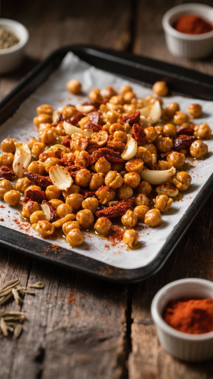 Overhead shot of a golden, roasted chickpea snack mix cooling on a parchment-lined sheet pan: glistening chickpeas tossed with olive oil, smoked paprika, ground cumin, garlic powder, and a hint of cayenne, deep amber and russet tones, visible crunchy texture and spice dusting; styled on a matte black baking tray over a rustic wooden table with small ramekins of paprika and cumin in frame, dramatic side light to emphasize crispness, no hands, pro food styling.