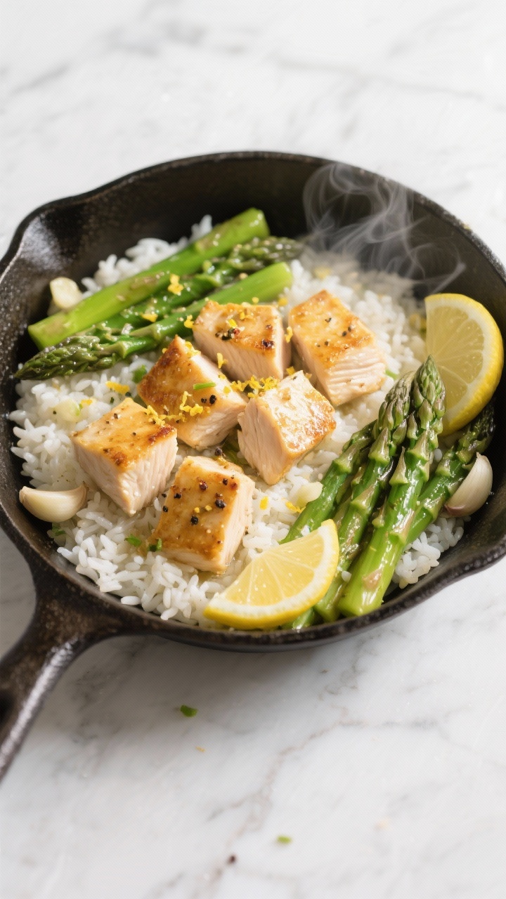 Overhead shot of a one-pan Lemon-Garlic chicken, asparagus, and rice on a cast-iron skillet: golden seared cubes of boneless skinless chicken breast nestled in fluffy long-grain white rice, bright green 2-inch asparagus pieces, glossy lemon slices, minced garlic glistening, and a light chicken-broth sheen; garnished with lemon zest and cracked pepper on a light marble surface, steam gently rising, natural daylight for a fresh, zesty mood.