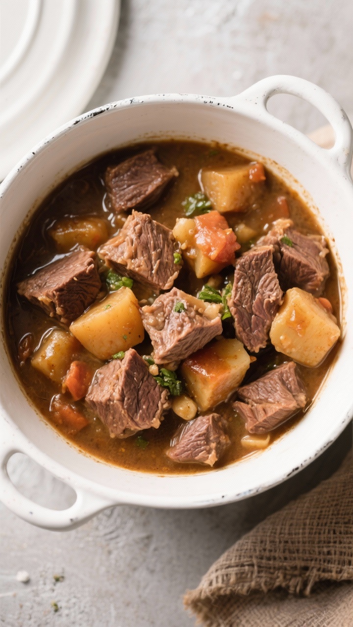 Overhead shot of a rustic Classic Comfort Beef Stew in a wide white enamel pot: tender
