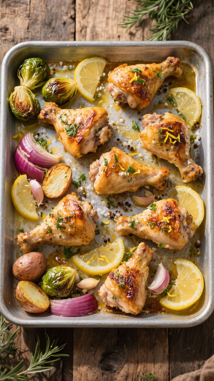 Overhead shot of a sheet pan fresh from the oven with 8 bone-in, skin-on lemon-herb chicken thighs, golden and blistered; halved baby potatoes with crispy edges, caramelized Brussels sprouts halves, and red onion wedges. Lemon zest sprinkled over, thin lemon slices roasted alongside, smashed minced garlic visible on the pan. Olive oil sheen, coarse sea salt and cracked pepper, thyme and parsley flecks. Styled on a brushed metal sheet pan over a rustic wooden surface, warm late-afternoon light for crunchy textures.