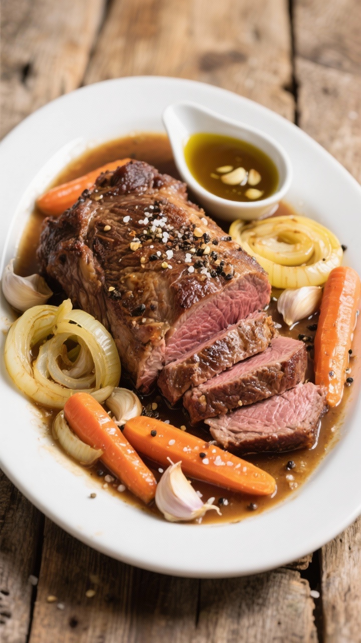 Overhead shot of a Sunday pot roast just out of the slow cooker: a bronzed 3-pound beef chuck roast resting in a pool of garlicky gravy, thick slices of yellow onion and smashed garlic cloves nestled around it, chunky peeled carrots glistening, coarse kosher salt and cracked black pepper visible on the crust; carve-ready on a white oval platter with a small gravy boat of garlicky pan juices, on a rustic wooden table with a light olive oil sheen on the meat, warm, cozy lighting, no people.