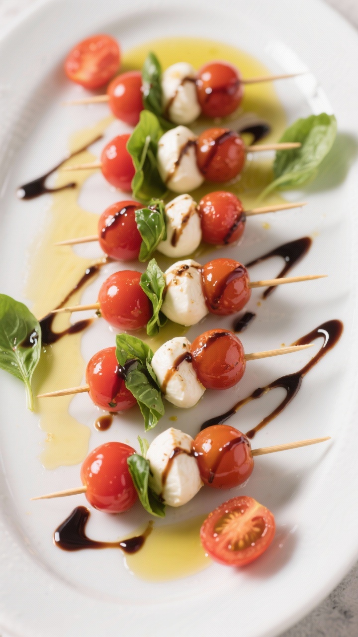 Overhead shot of caprese skewers neatly aligned on a white platter: cherry tomatoes, mini mozzarella balls (ciliegine), and glossy fresh basil leaves threaded on small skewers; extra-virgin olive oil glistening and a dramatic balsamic glaze drizzle zig-zag across; a few loose basil leaves and tomato halves for color, bright summery mood.