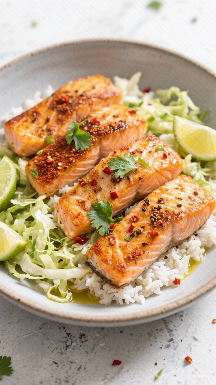 Overhead shot of chili-lime salmon bowls: four golden, skin-on salmon fillets seared with chili powder, smoked paprika, cumin, kosher salt, and black pepper atop fluffy coconut rice, paired with a crunchy cabbage slaw; lime zest and wedges scattered, a drizzle of olive oil sheen, cilantro sprigs, and chili flakes on a matte ceramic bowl over a light stone surface, bright, zesty mood.