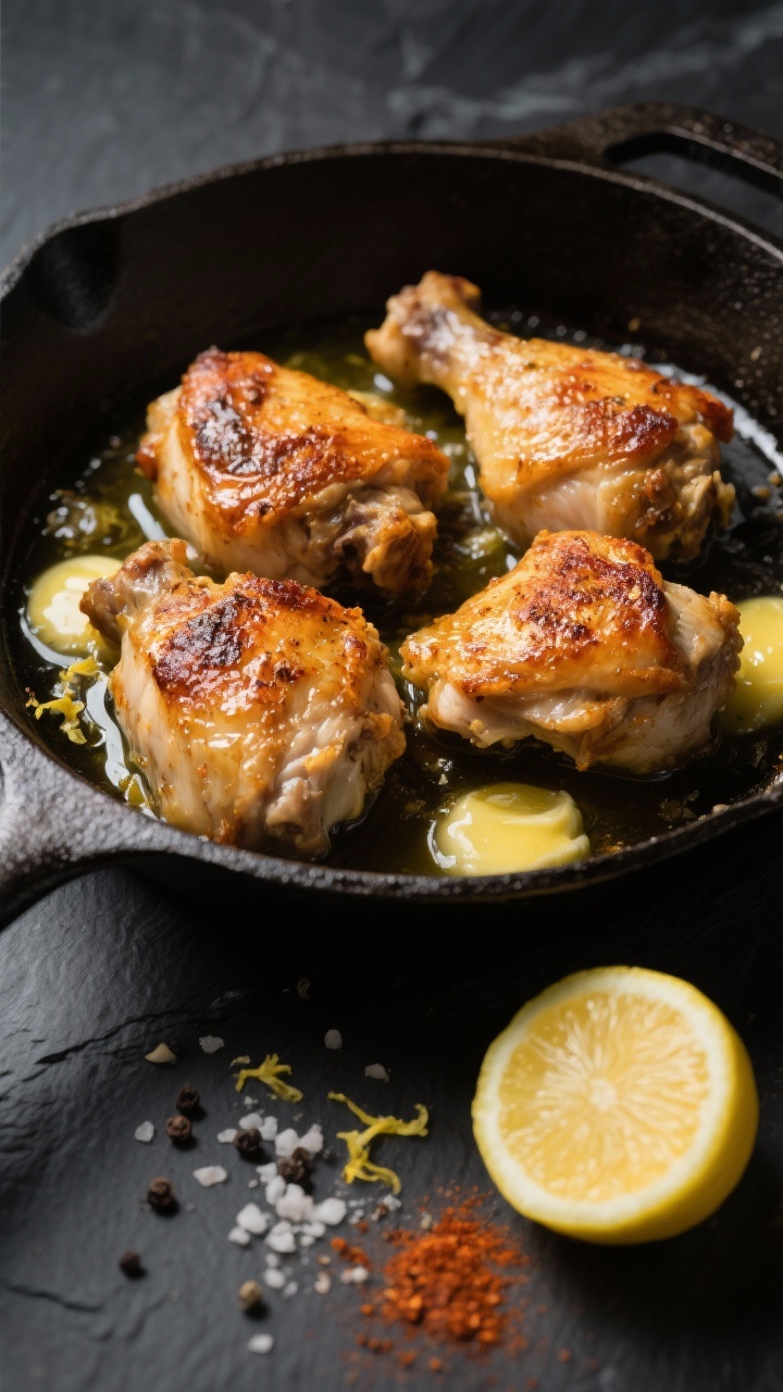 Overhead shot of crispy, golden-brown bone-in chicken thighs in a cast-iron skillet, skin blistered and crackling, bathed in glossy lemon butter pan sauce with visible melted unsalted butter puddles; simple seasoning grains of kosher salt, black pepper, garlic powder, and a hint of paprika dusting on the skin; avocado oil sheen on the pan, lemon zest flecks, and a halved lemon off to the side on a dark slate surface; moody, directional light to emphasize texture.