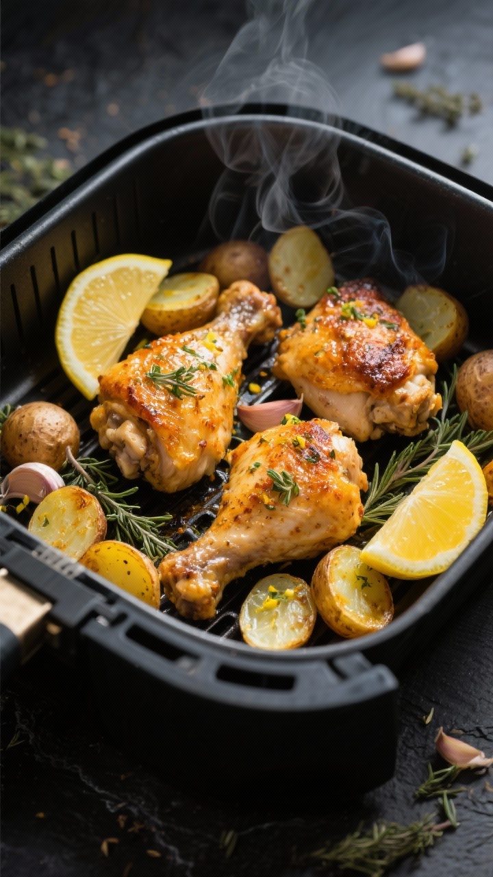 Overhead shot of crispy lemon-herb chicken thighs in an air fryer basket, golden blistered skin glistening, nestled with halved baby potatoes roasted in olive oil, lemon zest and juice, minced garlic, dried oregano, and thyme; lemon wedges and extra zest scattered on a slate surface, moody Mediterranean lighting, high contrast, steam faintly rising, no people.