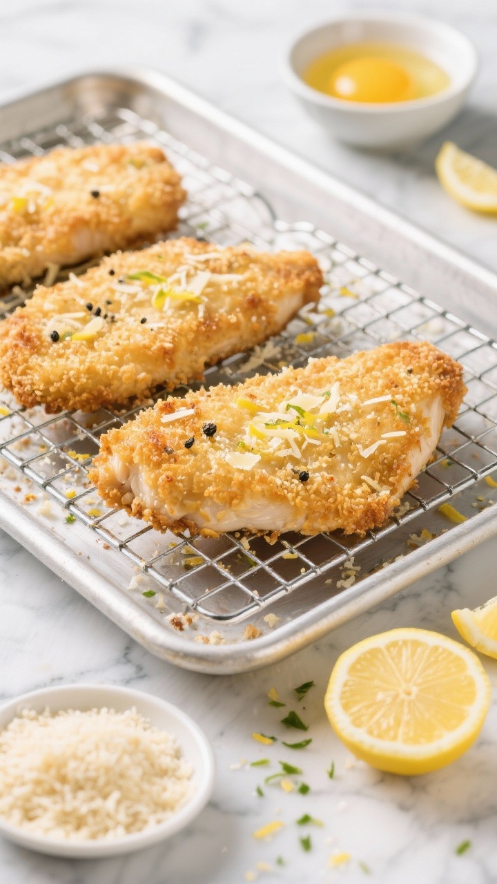 Overhead shot of golden crispy lemon-Parmesan chicken cutlets on a wire rack over a sheet pan, panko crust visibly speckled with grated Parmesan, lemon zest, black pepper, and garlic powder; a small bowl with beaten eggs and a shallow dish of panko-Parmesan mixture nearby, lemon halves and microplaned zest scattered on a cool marble surface; bright, crunchy texture emphasized, clean, high-contrast lighting.