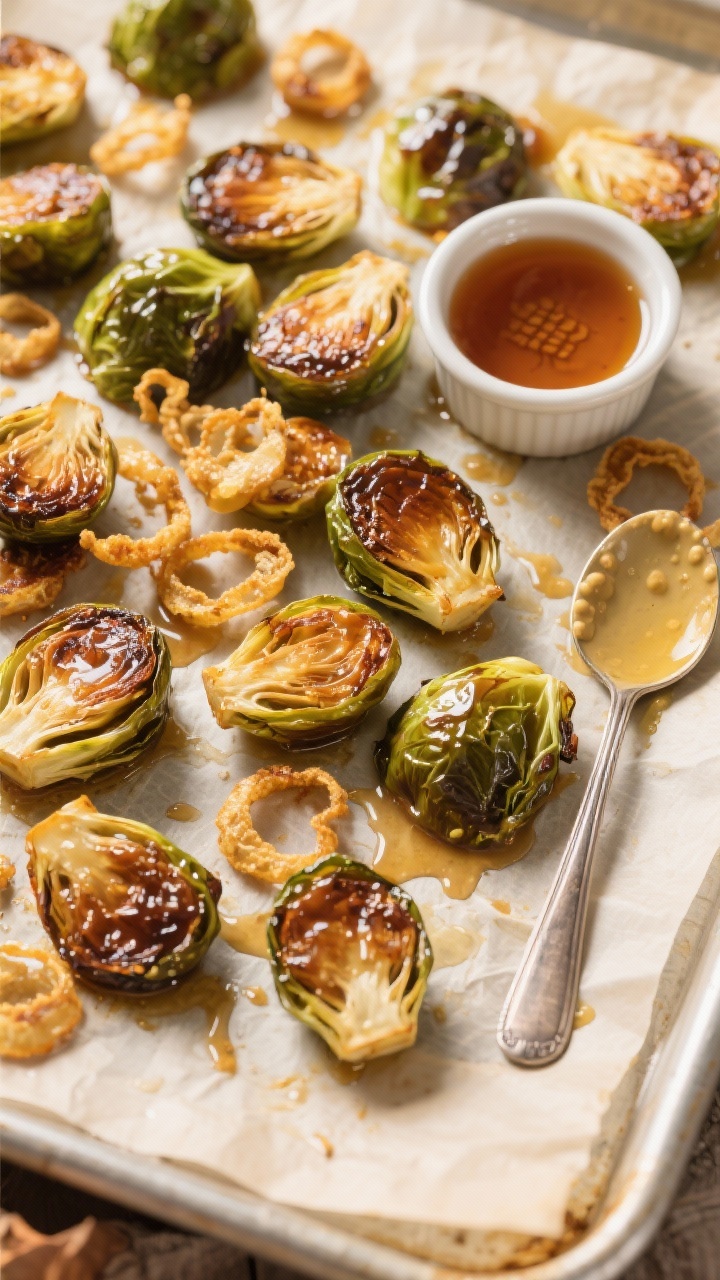 Overhead shot of roasted maple-Dijon Brussels sprouts on a parchment-lined sheet pan: halved Brussels sprouts caramelized with a lacquered maple syrup and Dijon mustard glaze, scattered with golden crispy shallot rings. Drizzle trails visible, a small ramekin of maple syrup and a spoon with Dijon on the side, light olive oil sheen, a hint of apple cider vinegar in a tiny glass. Warm, fall tones, bright yet cozy light, crisp browned edges and sticky glaze texture emphasized.