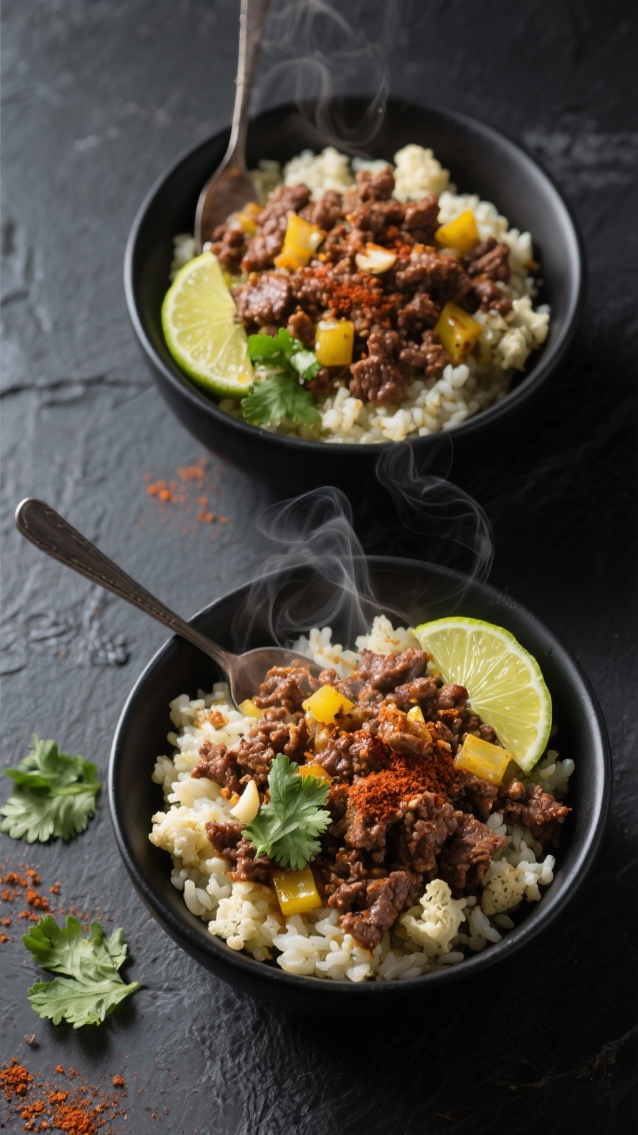 Overhead shot of smoky chipotle beef and cauliflower rice bowls: lean ground beef crumbles seared with diced yellow onion, minced garlic, ground cumin, smoked paprika, and chipotle chili powder, spooned over fluffy cauli-rice in matte black bowls. Garnish with lime wedges and cilantro, a light olive oil sheen, wisps of steam, styled on a dark slate surface for a moody Southwest vibe.