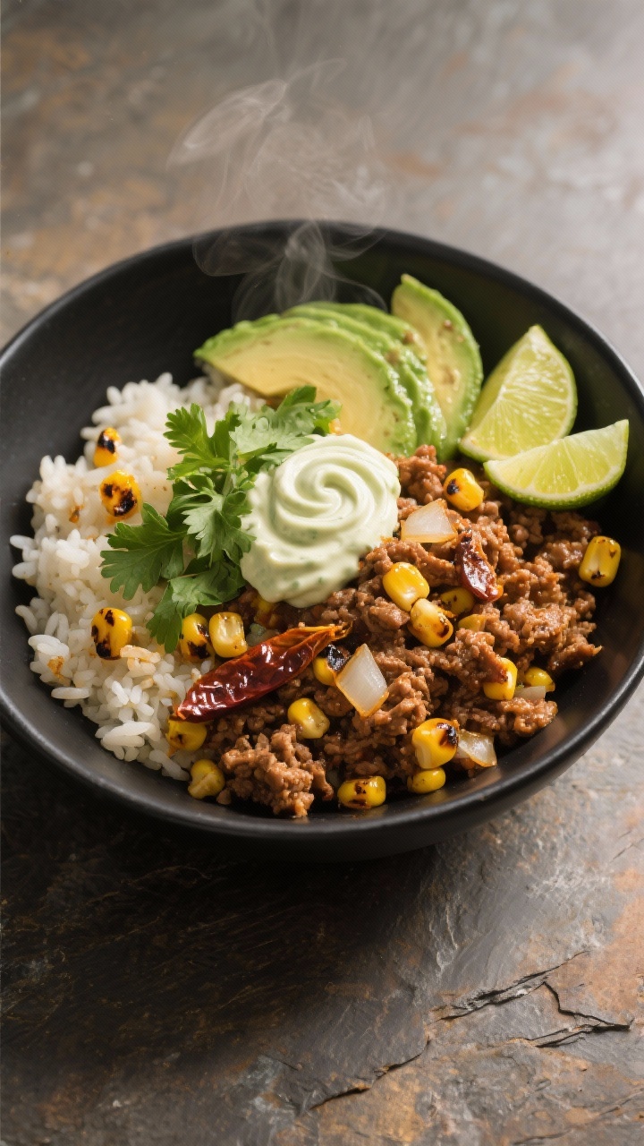 Overhead shot of smoky chipotle turkey bowls: browned lean ground turkey sautéed with finely diced yellow onion, minced garlic, and visible flecks of minced chipotle in adobo with a glossy adobo sauce sheen; charred corn kernels scattered over fluffy cilantro-lime rice; avocado slices, fresh cilantro, and a drizzle of tangy lime crema swirled on top; lime wedges on the side; warm earthy tones, matte black bowl on a textured slate surface, soft natural side light to accent steam and char.