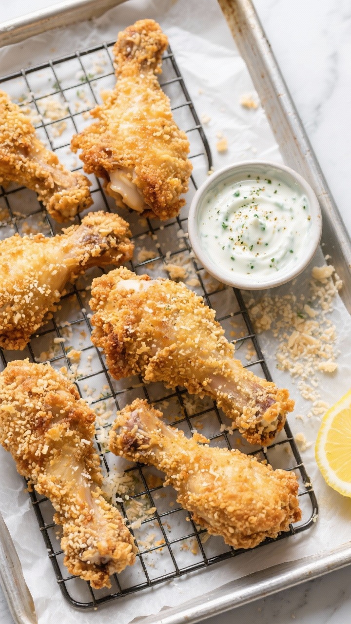 Overhead shot of ultra-crispy Parmesan ranch chicken drumsticks on a wire rack over a parchment-lined sheet pan, panko and finely grated Parm crust visibly golden and shattery, with a small bowl of ranch seasoning-speckled Greek yogurt marinade on the side; include scattered panko crumbs, a cut lemon wedge for brightness, and a clean, high-contrast light to emphasize crunchy texture.