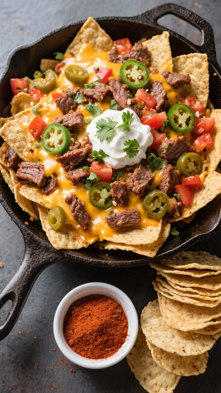Overhead skillet nachos for a crowd: cast-iron filled with crisp tortilla chips layered with crispy skillet-seared carne picada seasoned with chili powder, cumin, smoked paprika, dried oregano, kosher salt, and black pepper; melted cheese pull, scattered pickled jalapeños, diced tomatoes, and dollops of sour cream; cilantro sprinkled over; a side ramekin of chili powder and a stack of extra chips on the side, bold contrast and texture.