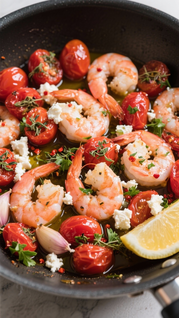 Overhead skillet-style presentation: garlicky shrimp, pink and plump, tossed with burst cherry tomatoes, olive oil, dried oregano, red pepper flakes, and kosher salt; crumbles of feta melting into the pan juices; flecks of parsley, a lemon wedge in the corner; vibrant reds and creamy whites, glossy sauce sheen, Mediterranean coastal mood.