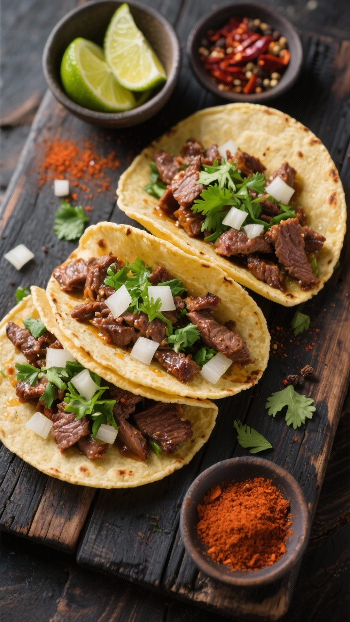 Overhead street-style carne picada tacos on warm corn tortillas, piled with seared beef carne picada seasoned with chili powder, cumin, smoked paprika, black pepper, and kosher salt, glistening from neutral oil; topped with chopped cilantro, diced white onion, and a squeeze of lime for a cilantro-lime crunch; small bowls of extra lime wedges, chili powder, and smoked paprika on a dark rustic board, crisp textures and vibrant greens, no people.