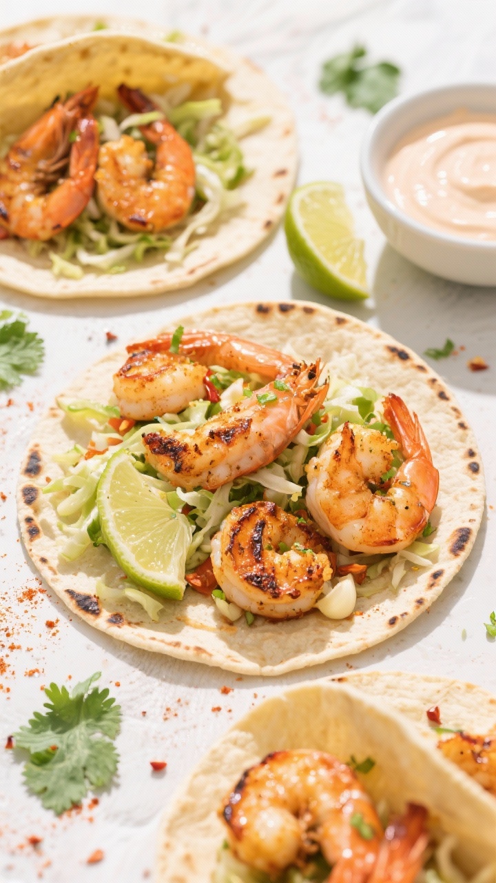 Overhead taco assembly: Chili-lime grilled shrimp tacos on warm tortillas. Char-marked shrimp seasoned with chili powder, cumin, smoked paprika, kosher salt, and grated garlic, tossed with lime zest. Piled with crunchy slaw, lime wedges nearby, a drizzle-ready bowl of creamy sauce on the side. Vibrant colors, beachy-casual mood, bright daylight, scattered cilantro and a few chili flakes.