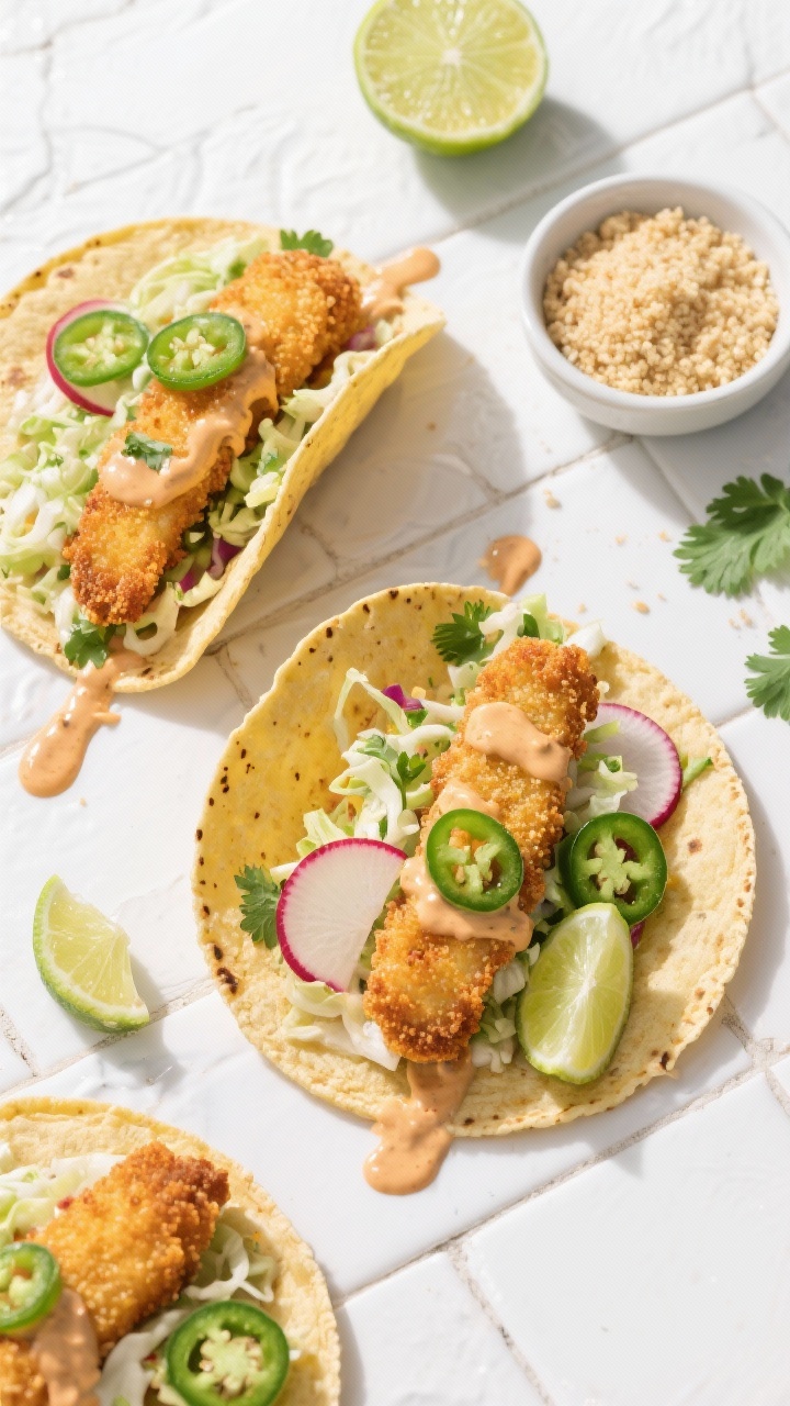 Overhead taco assembly flat lay: baked panko-crusted fish strips golden and crunchy, nestled in warm corn tortillas with a zesty slaw (shredded cabbage, lime, cilantro), creamy chipotle-lime sauce drizzle, radish slices and jalapeño rounds for pop; lime wedges, a small bowl of extra panko crumbs, and scattered cilantro leaves; bright, vibrant coastal mood, white tile background.