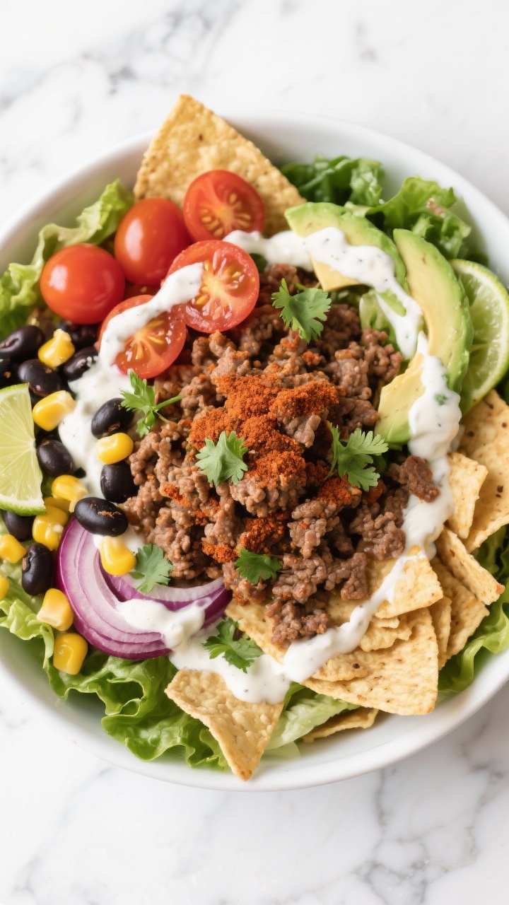 Overhead taco salad bowl: seasoned lean ground beef (chili powder, ground cumin, paprika, kosher salt, black pepper) scattered over a bed of crisp romaine with cherry tomatoes, black beans, sweet corn, red onion, avocado slices, and crushed baked tortilla chips. Drizzled with creamy lime yogurt dressing and sprinkled with cilantro. Bright, fresh, high-contrast styling on a white marble surface.