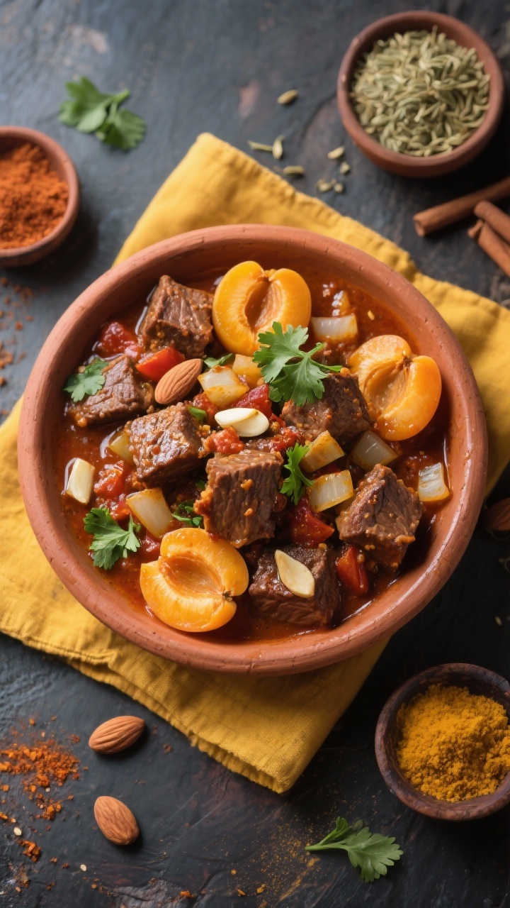 Overhead tagine-inspired Moroccan-Spiced Apricot Beef: tender beef cubes in a warmly spiced sauce with diced onion, garlic, tomato paste, and visible ground spices (cumin, cinnamon, coriander implied), studded with plump apricots; served in a shallow earthenware dish with toasted almonds and fresh cilantro; saffron-hued napkin and small spice bowls around for a souk-like vibe.