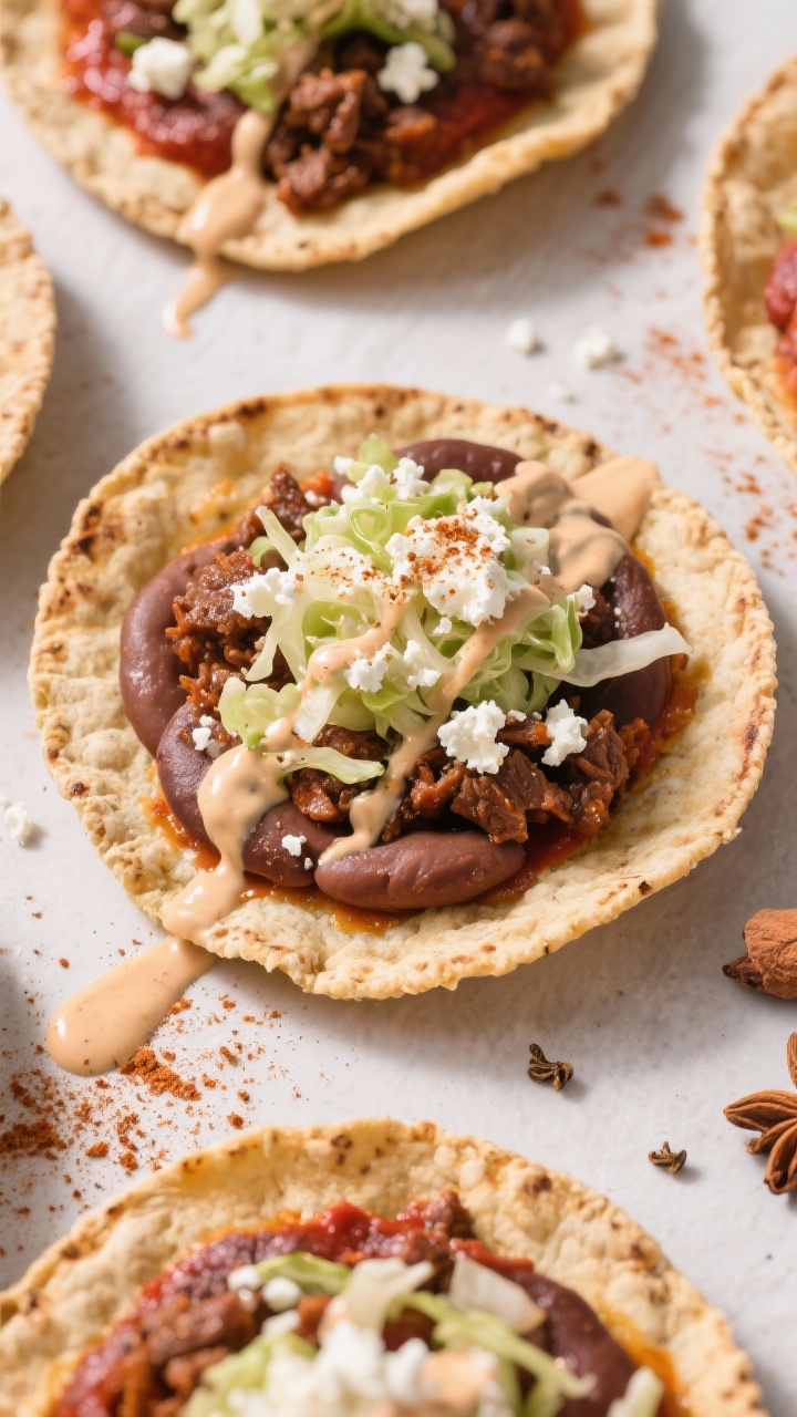 Overhead tostadas: crackly tostada shells spread with red mole-inspired carne picada (chili powder, cumin, cinnamon, ground cloves, garlic, kosher salt, black pepper), layered with creamy refried beans, shredded crunchy cabbage, and crumbled queso fresco; a drizzle of thin crema and a dusting of cinnamon-cumin mix; deep, warm tones echoing mole richness.