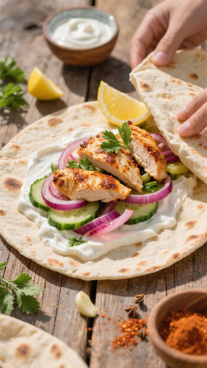 Overhead wrap assembly scene for Greek yogurt chicken shawarma: warm flatbreads spread with a swoosh of tangy yogurt, piled with spiced grilled chicken thigh strips marinated in Greek yogurt, lemon juice, minced garlic, cumin, and smoked paprika; quick pickled cucumbers and red onions piled on, fresh parsley and a squeeze of lemon; small bowls of extra yogurt sauce and spices around; rustic wood surface with vibrant, sunlit Mediterranean vibe.