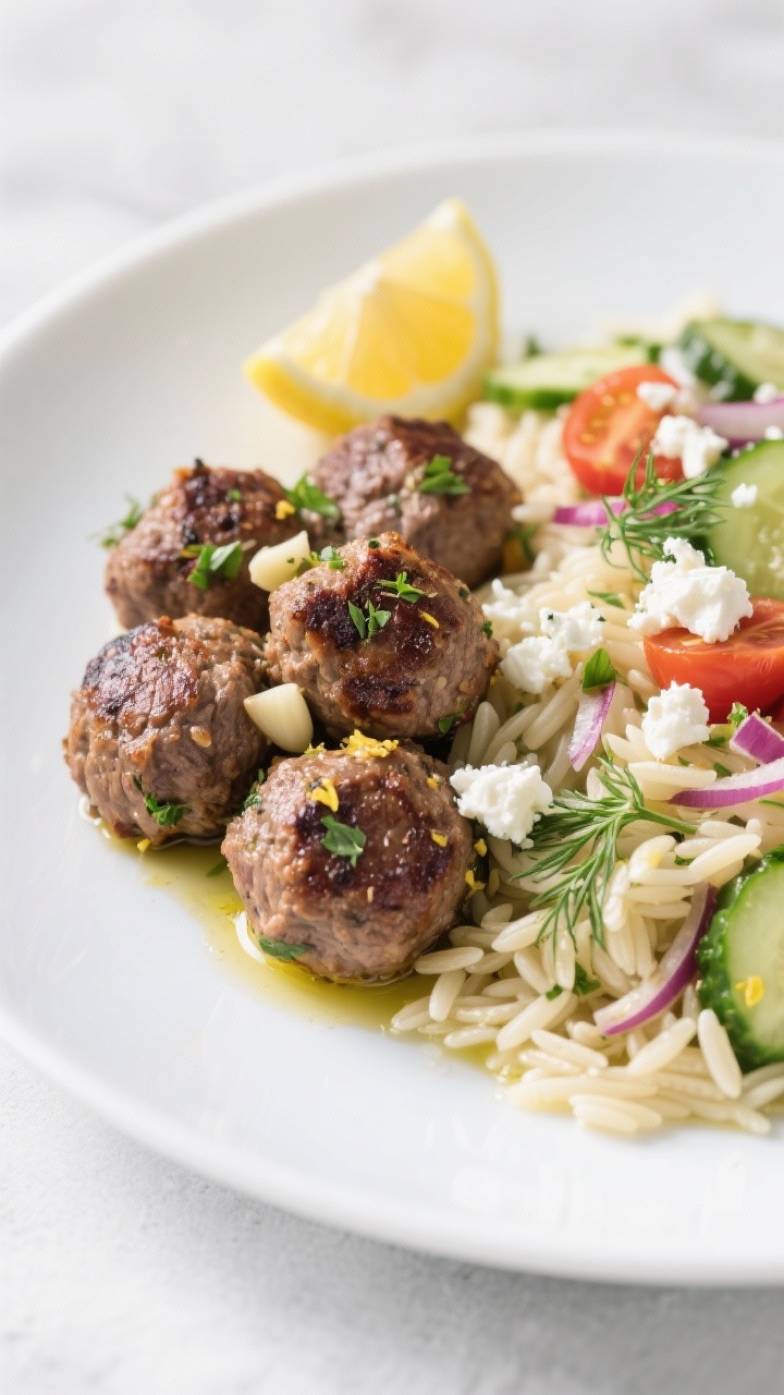 Plated 45-degree shot of Greek Beef Meatballs with Lemon-Herb Orzo Salad: seared lean beef meatballs flavored with red onion, garlic, parsley, dried oregano, cumin, lemon zest, and kosher salt; nestled beside orzo tossed with cucumber, cherry tomatoes, parsley, dill, lemon juice, and a drizzle of olive oil; crumbled feta sprinkled on top; served on a wide white plate with a lemon wedge; crisp, Mediterranean styling and cool tones