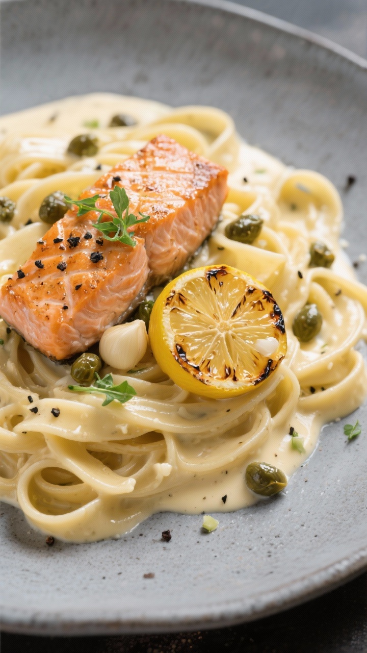 Plated final dish, 45-degree angle: Fettuccine in velvety Alfredo topped with flaky salmon pieces seared skin-on for crisp texture, scattered briny capers, and a charred lemon half ready to squeeze; visible minced garlic and butter sheen in the sauce; finished with cracked black pepper and micro herbs; set on a cool gray ceramic plate.