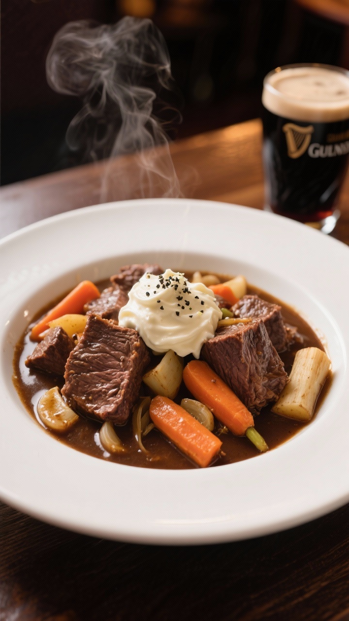 Plated Guinness-braised beef and root veggies: large, tender chunks of chuck nestled with carrots and parsnips in a deep, stout-rich gravy, hints of onion and garlic; a dollop of airy horseradish cream on top, a dusting of black pepper and kosher salt; served in a wide, shallow white bowl, with a small glass of dark beer in the background, warm pub-style lighting, steam visible for comfort appeal.