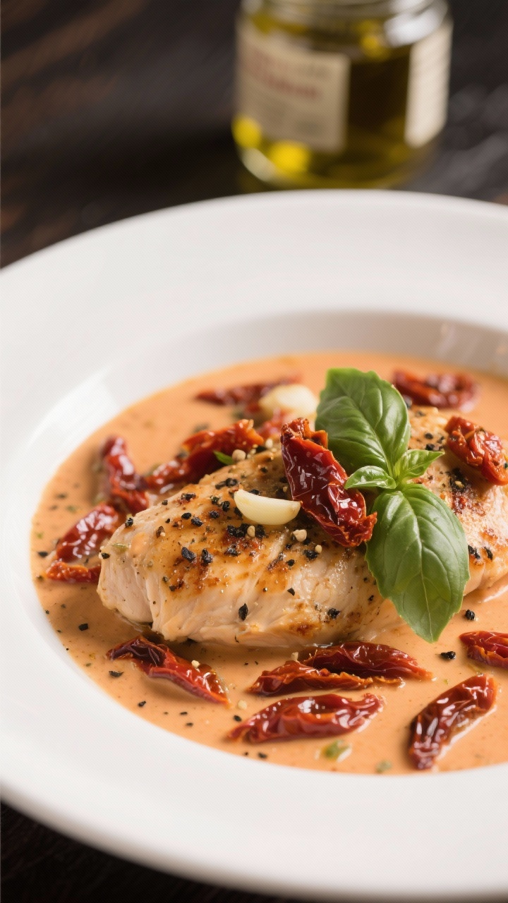 Plated presentation at 45 degrees of creamy sun-dried tomato chicken in a shallow white bowl: seared chicken breasts seasoned with Italian seasoning, nestled in a velvety sun-dried tomato cream sauce made with olive oil from the jar, visible ribbons of chopped sun-dried tomatoes and sautéed garlic; garnished with fresh basil and cracked black pepper, sauce clinging to the chicken, warm restaurant-style ambiance.