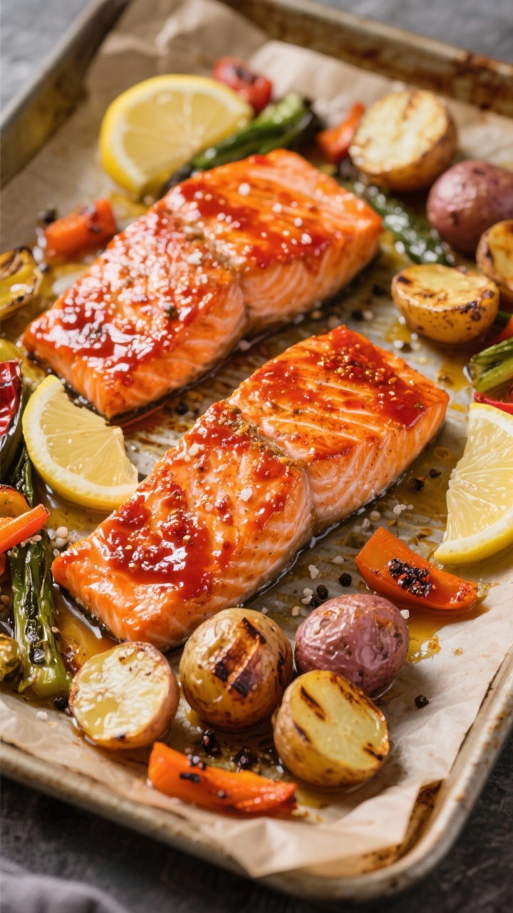 Sheet pan overhead: Harissa-brushed salmon fillets with lightly charred baby potatoes and seasonal veggies. Salmon glossy with a harissa, honey, lemon juice glaze; kosher salt, black pepper, and olive oil visibly coating the vegetables. Edges caramelized, a few lemon slices on the tray, roasted marks and rustic parchment, bold red-orange tones from harissa.