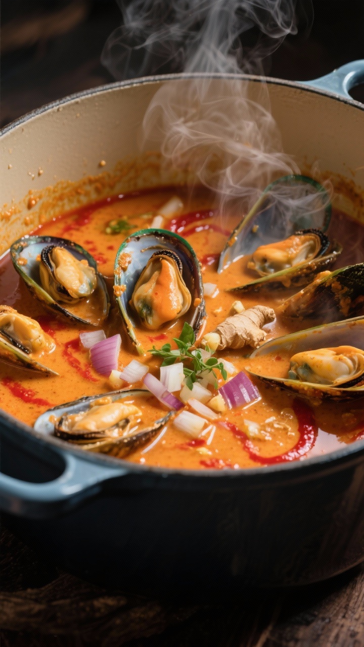 Steamy pot shot, 45-degree angle: Creamy coconut curry mussels opened wide in a Dutch oven. Broth gleaming with coconut oil, red curry paste swirling into a sunset-orange sauce, finely chopped onion, minced garlic, and grated fresh ginger visible in the liquid. Fresh herbs optional, condensation on the pot, rising steam, moody yet warm lighting for coziness.