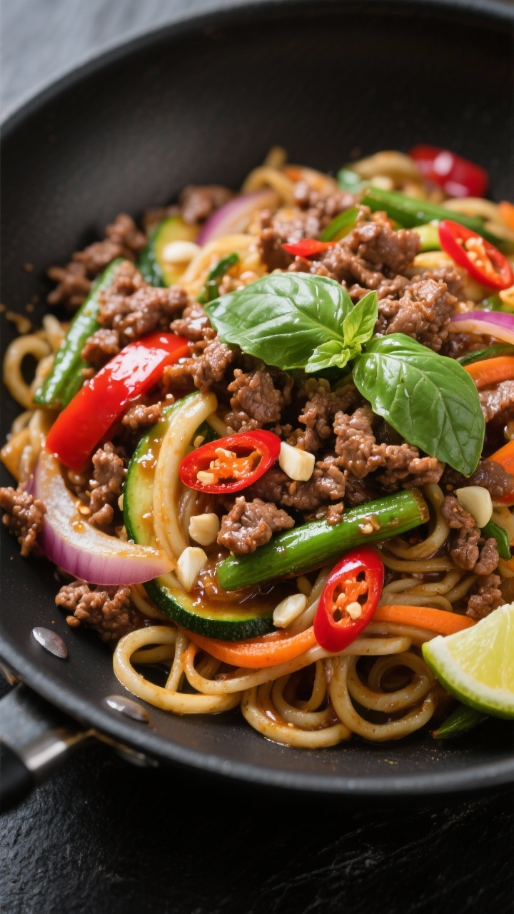 Stir-fry skillet close-up of Thai Basil Beef over veggie noodles: extra-lean ground beef tossed with thinly sliced onion, red bell pepper, green beans, minced garlic, and red chili; glossy savory sauce coats the ingredients; torn Thai basil leaves wilting into the heat; served atop spiralized zucchini and carrot noodles in a shallow black bowl; 45-degree angle, high contrast, fresh lime wedge on the rim